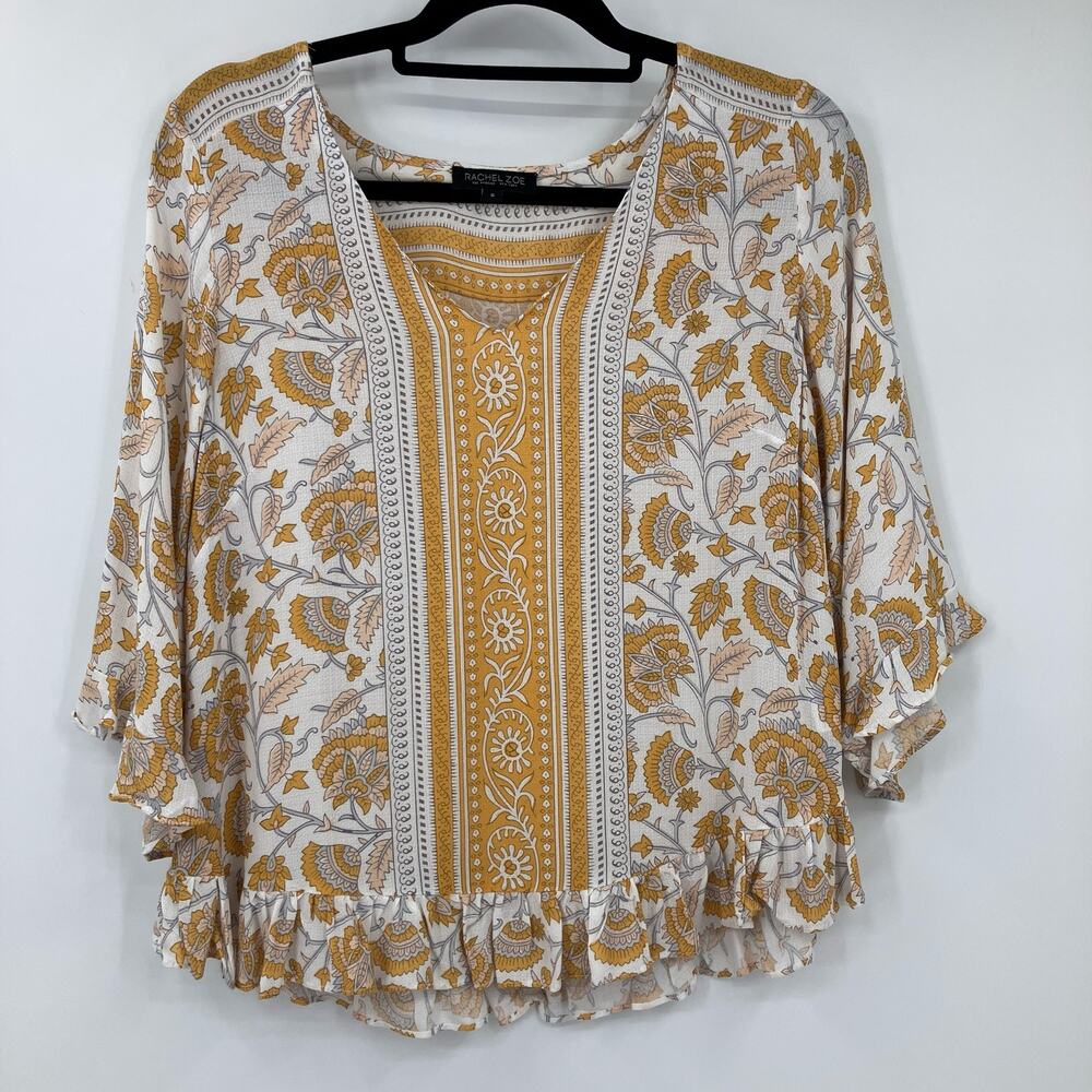 Rachel Zoe White Yellow Floral Semi Sheer Ruffle V Neck Boho Peasant Top Shirt